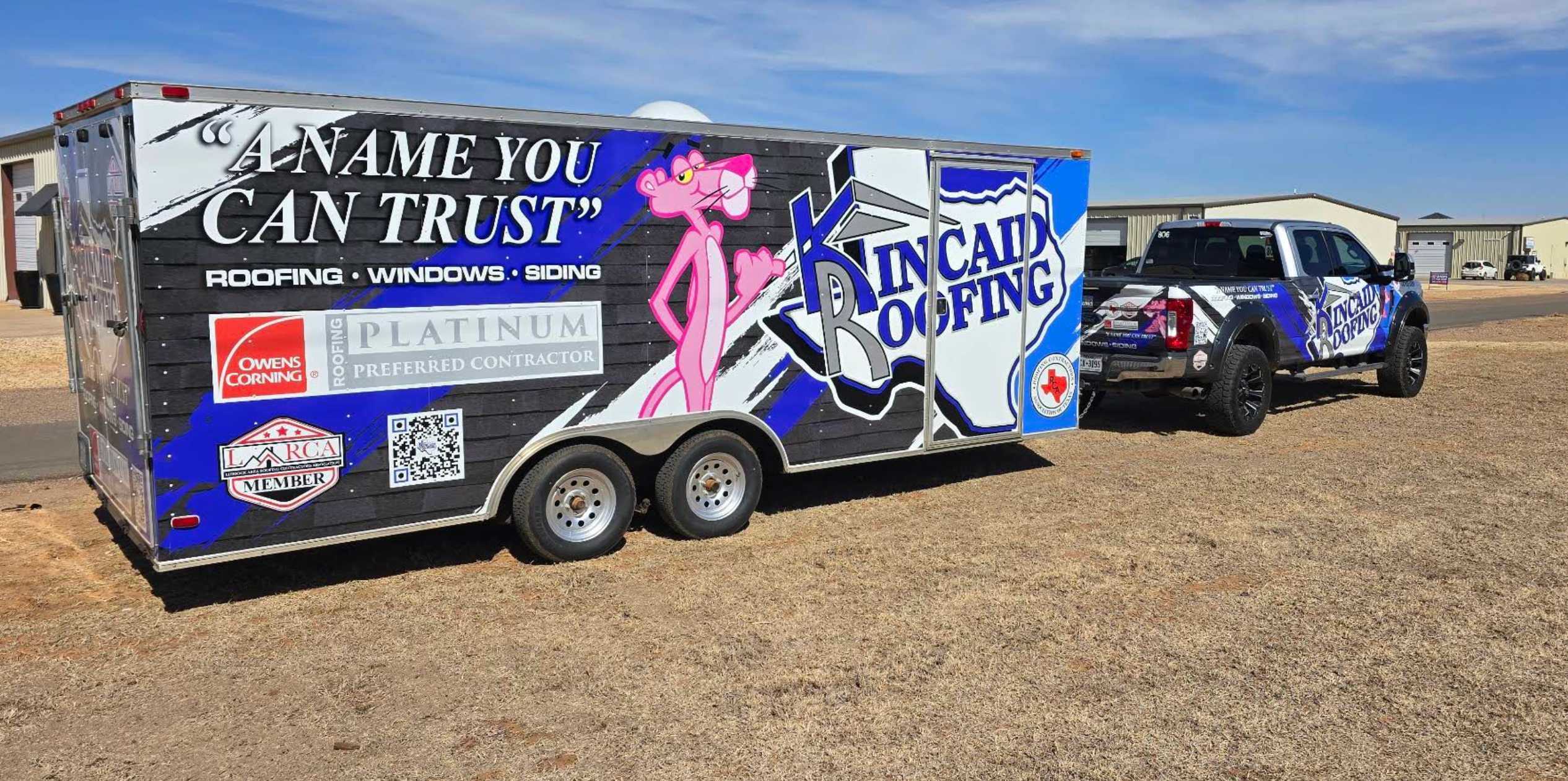 Kincaid Roofing company trailer wrapped by Neck Breaker Vinyl Co